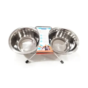 Bol doble de acero inoxidable con estante de metal para mascotas